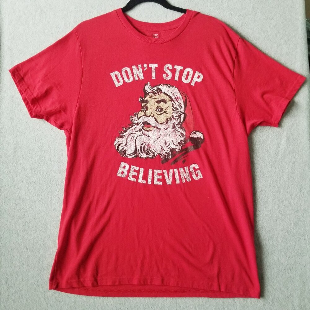 Holiday Time Mens "Don't Stop Believing" Santa T-shirt Tee Christmas Party Sz XL